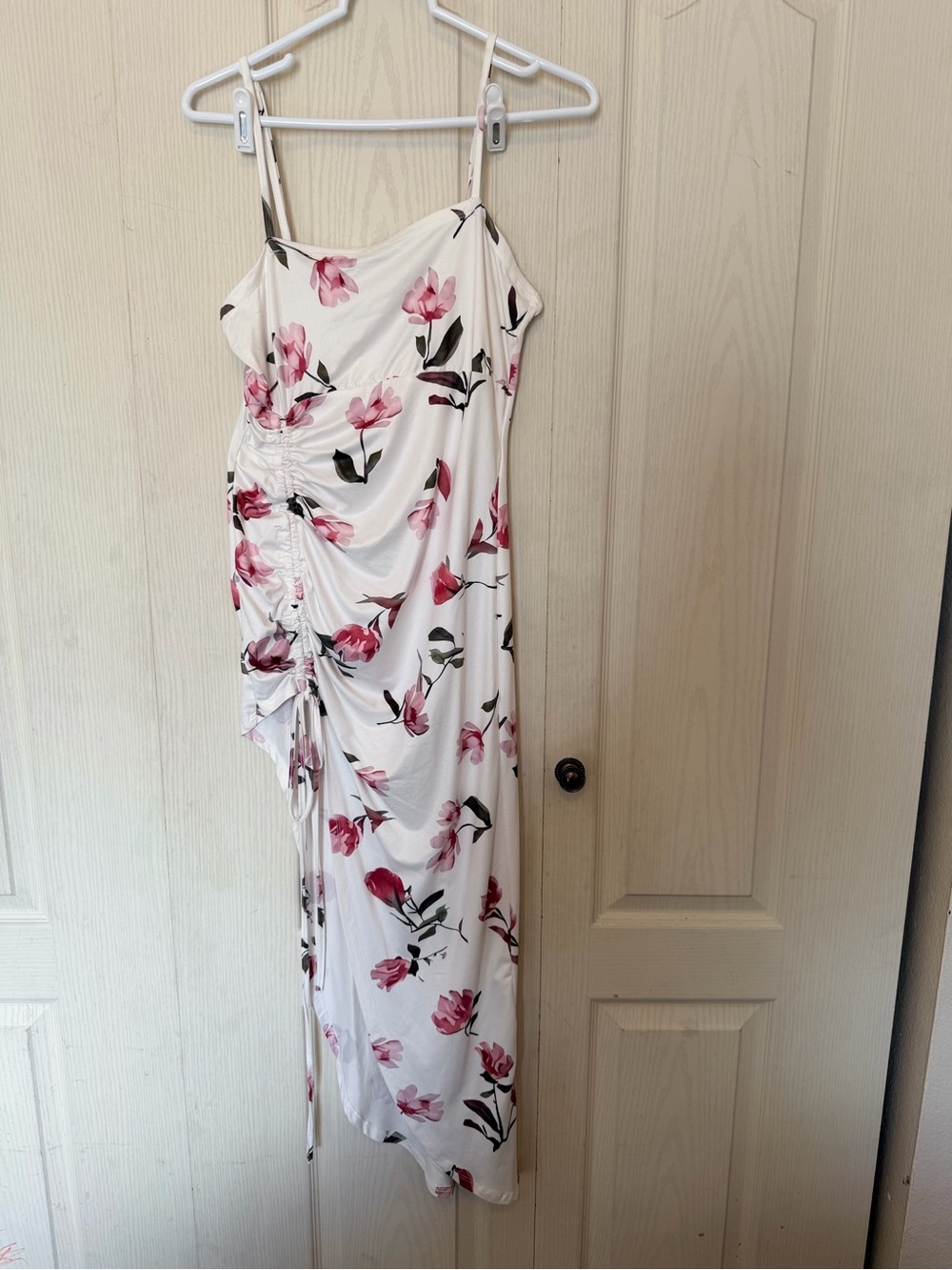 SHEIN White Midi Dress with Pink Floral Print and Side Ruched Detail